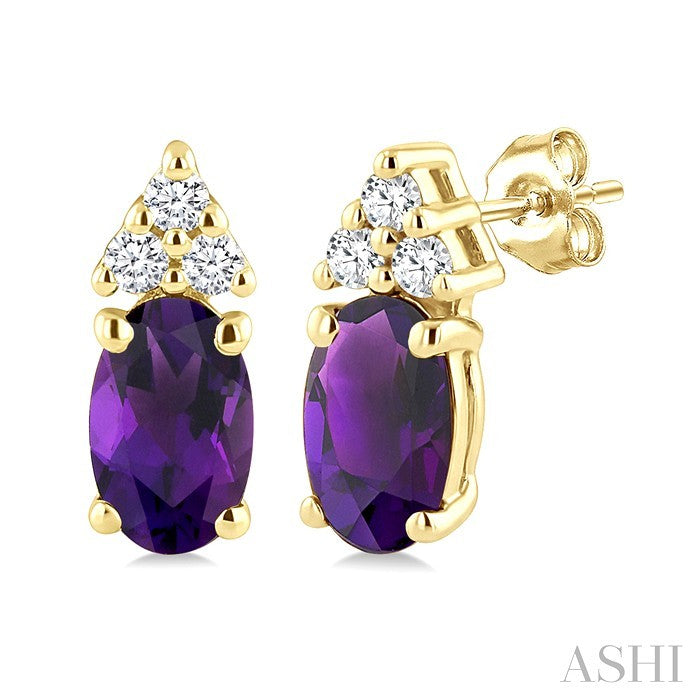 1/20 Ctw Oval Cut 5X3 MM Amethyst and Round Cut Diamond semi-precious Earrings in 14K Yellow Gold
