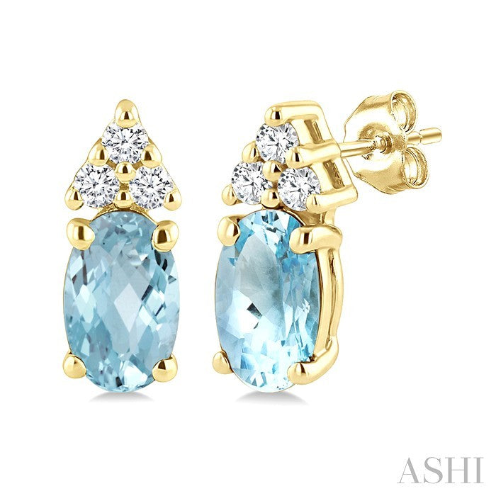 1/20 Ctw Oval Cut 5X3 MM Aquamarine and Round Cut Diamond semi-precious Earrings in 14K Yellow Gold