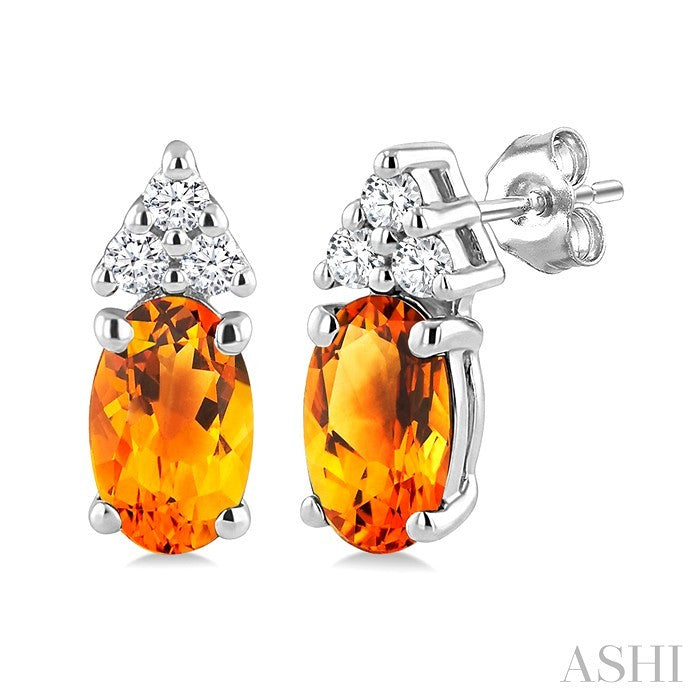 1/20 Ctw Oval Cut 5X3 MM Citrine and Round Cut Diamond semi-precious Earrings in 14K White Gold