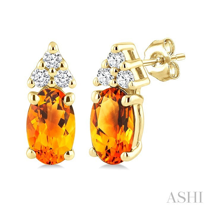 1/20 Ctw Oval Cut 5X3 MM Citrine and Round Cut Diamond semi-precious Earrings in 14K Yellow Gold