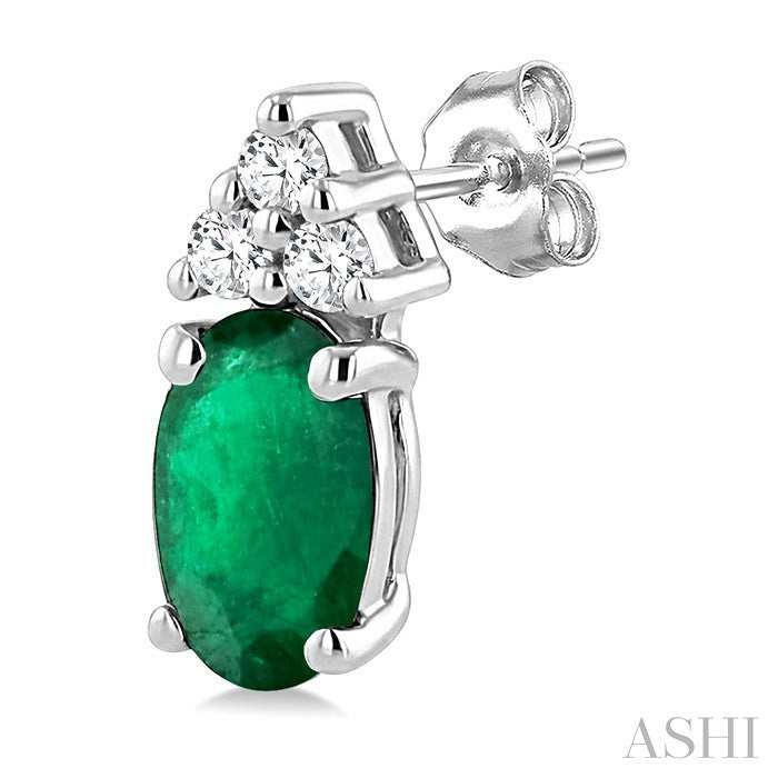 1/20 Ctw Oval Cut 5X3 MM Emerald and Round Cut Diamond Precious Earrings in 14K White Gold