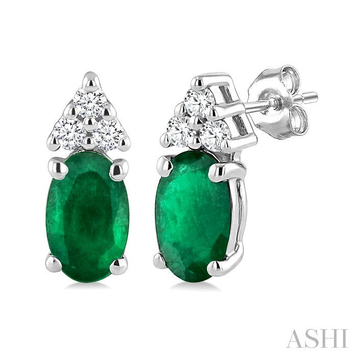 1/20 Ctw Oval Cut 5X3 MM Emerald and Round Cut Diamond Precious Earrings in 14K White Gold