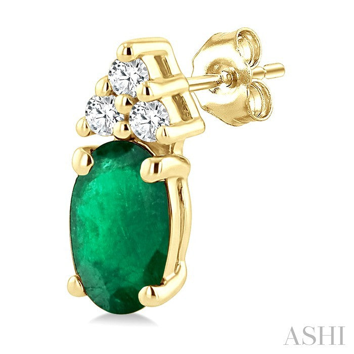1/20 Ctw Oval Cut 5X3 MM Emerald and Round Cut Diamond Precious Earrings in 14K Yellow Gold