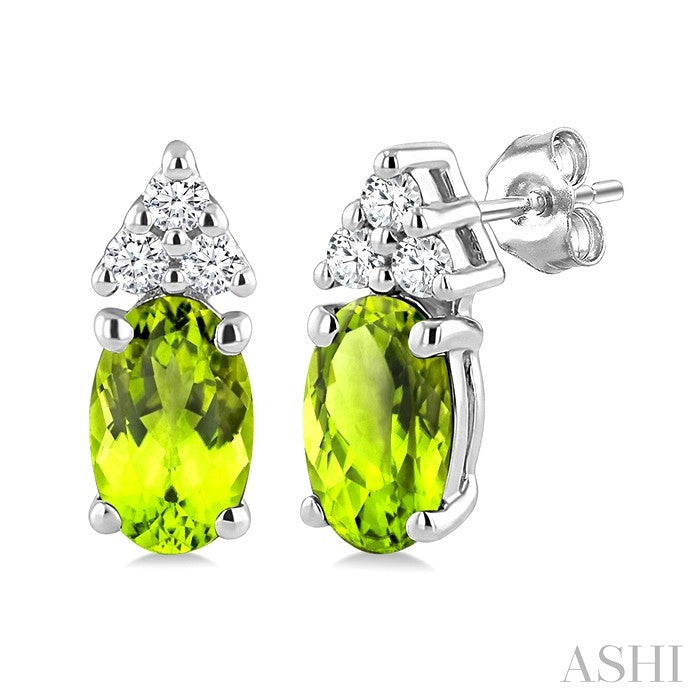 1/20 Ctw Oval Cut 5X3 MM Peridot and Round Cut Diamond semi-precious Earrings in 14K White Gold