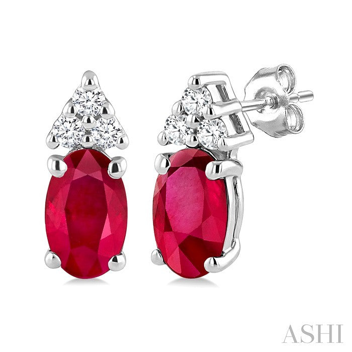 1/20 Ctw Oval Cut 5X3 MM Ruby and Round Cut Diamond Precious Earrings in 14K White Gold