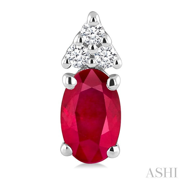 1/20 Ctw Oval Cut 5X3 MM Ruby and Round Cut Diamond Precious Earrings in 14K White Gold