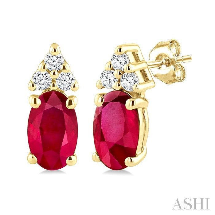 1/20 Ctw Oval Cut 5X3 MM Ruby and Round Cut Diamond Precious Earrings in 14K Yellow Gold