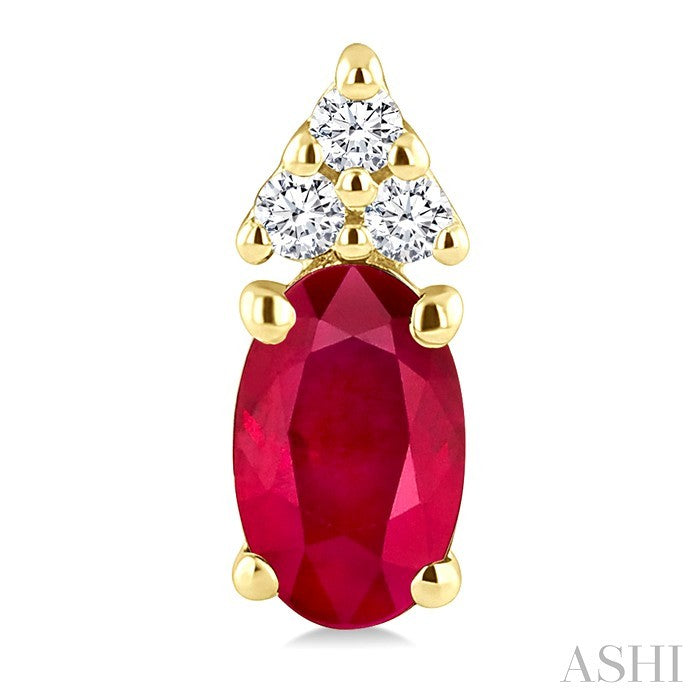 1/20 Ctw Oval Cut 5X3 MM Ruby and Round Cut Diamond Precious Earrings in 14K Yellow Gold
