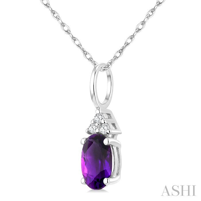 1/50 Ctw Oval Cut 6X4 MM Amethyst and Round Cut Diamond semi-precious Pendant With Chain in 14K White Gold