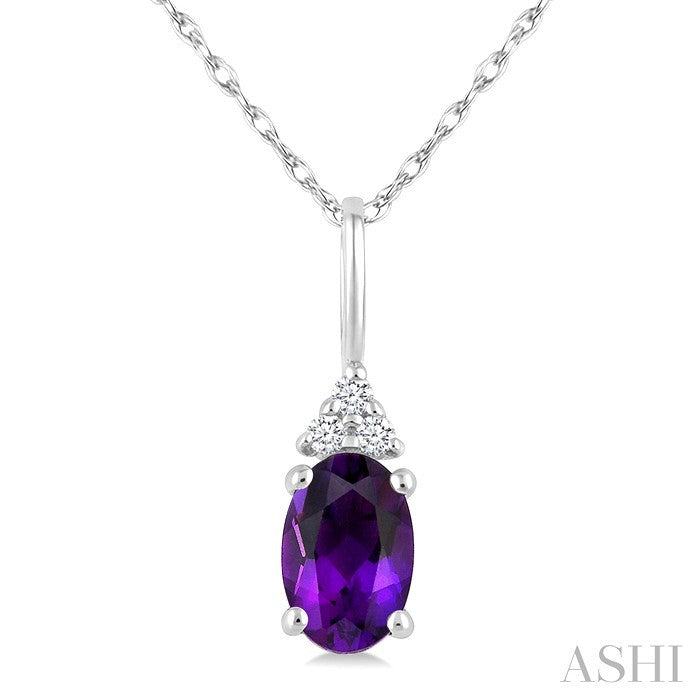 1/50 Ctw Oval Cut 6X4 MM Amethyst and Round Cut Diamond semi-precious Pendant With Chain in 14K White Gold