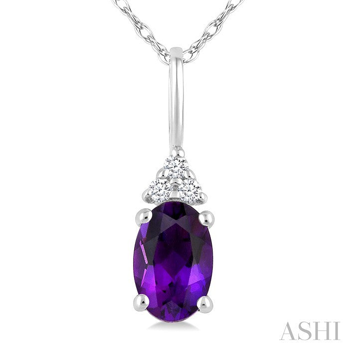 1/50 Ctw Oval Cut 6X4 MM Amethyst and Round Cut Diamond semi-precious Pendant With Chain in 14K White Gold