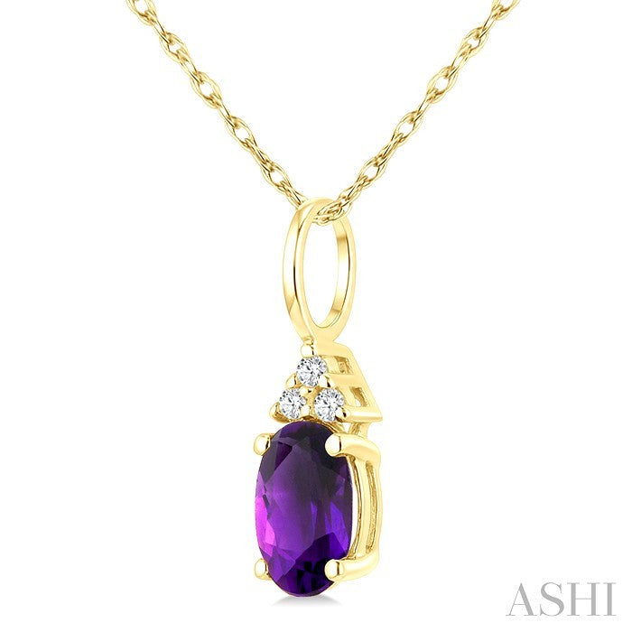 1/50 Ctw Oval Cut 6X4 MM Amethyst and Round Cut Diamond semi-precious Pendant With Chain in 14K Yellow Gold