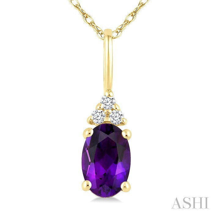 1/50 Ctw Oval Cut 6X4 MM Amethyst and Round Cut Diamond semi-precious Pendant With Chain in 14K Yellow Gold