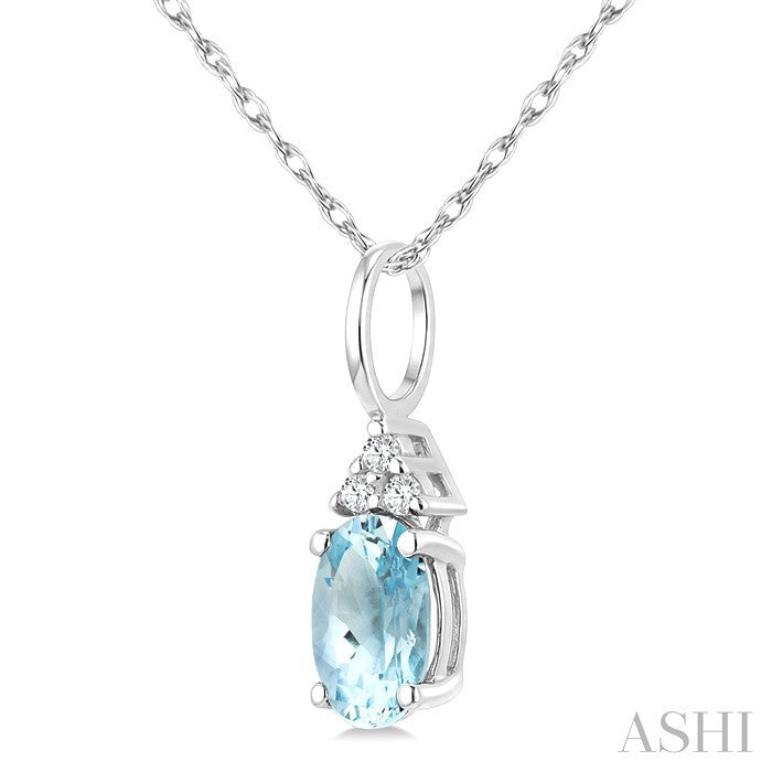 1/50 Ctw Oval Cut 6X4 MM Aquamarine and Round Cut Diamond semi-precious Pendant With Chain in 14K white Gold