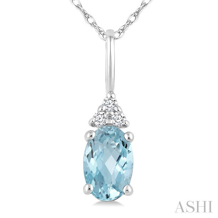 1/50 Ctw Oval Cut 6X4 MM Aquamarine and Round Cut Diamond semi-precious Pendant With Chain in 14K white Gold