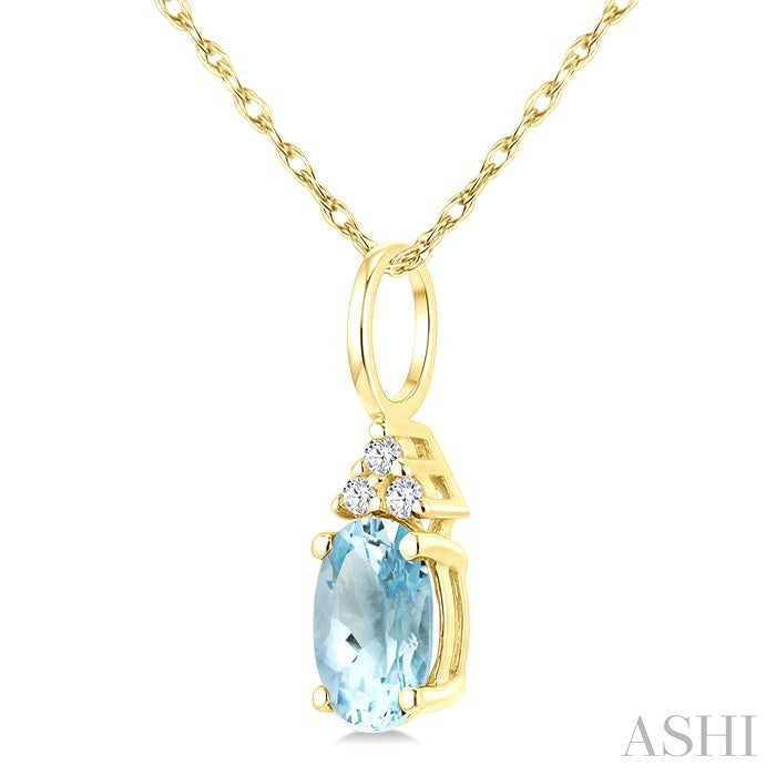 1/50 Ctw Oval Cut 6X4 MM Aquamarine and Round Cut Diamond semi-precious Pendant With Chain in 14K Yellow Gold