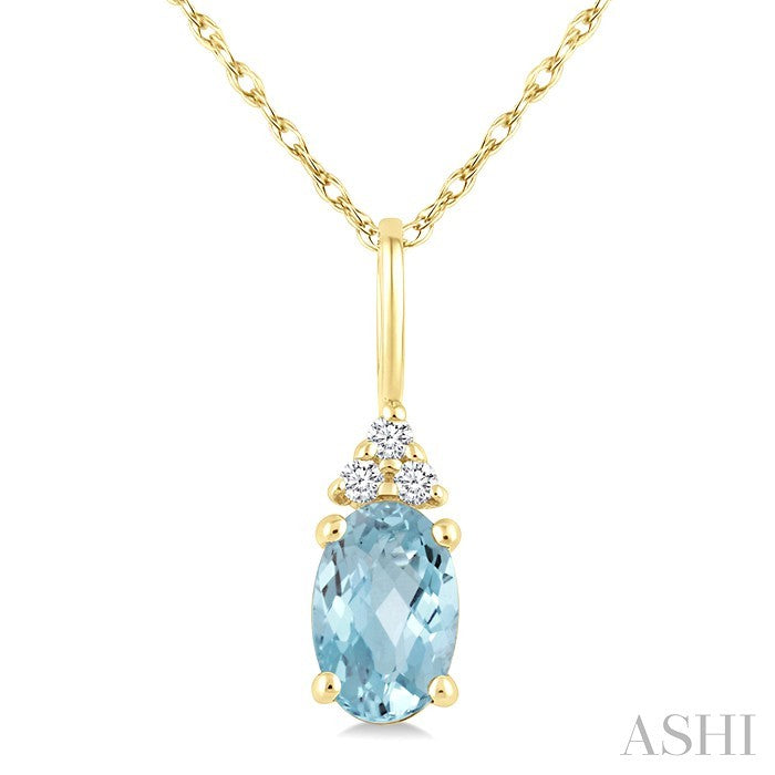 1/50 Ctw Oval Cut 6X4 MM Aquamarine and Round Cut Diamond semi-precious Pendant With Chain in 14K Yellow Gold