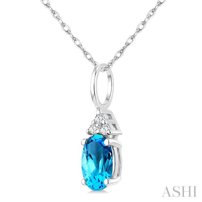 1/50 Ctw Oval Cut 6X4 MM Blue Topaz and Round Cut Diamond semi-precious Pendant With Chain in 14K White Gold