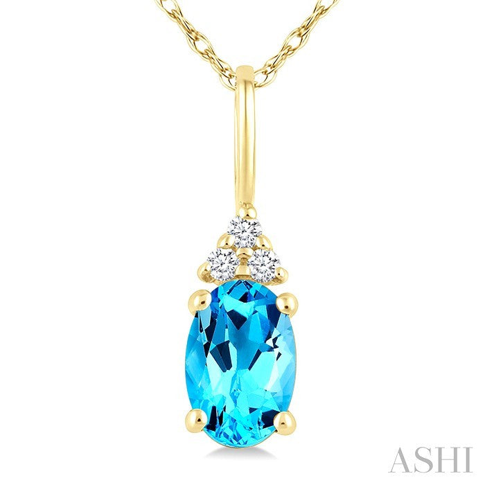 1/50 Ctw Oval Cut 6X4 MM Blue Topaz and Round Cut Diamond semi-precious Pendant With Chain in 14K Yellow Gold