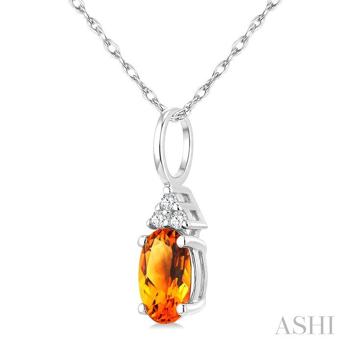 1/50 Ctw Oval Cut 6X4 MM Citrine and Round Cut Diamond semi-precious Pendant With Chain in 14K White Gold