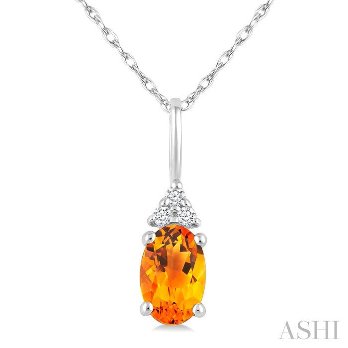 1/50 Ctw Oval Cut 6X4 MM Citrine and Round Cut Diamond semi-precious Pendant With Chain in 14K White Gold