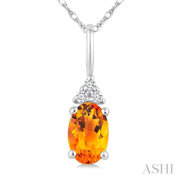 1/50 Ctw Oval Cut 6X4 MM Citrine and Round Cut Diamond semi-precious Pendant With Chain in 14K White Gold
