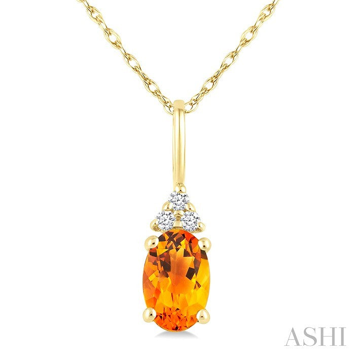 1/50 Ctw Oval Cut 6X4 MM Citrine and Round Cut Diamond semi-precious Pendant With Chain in 14K Yellow Gold