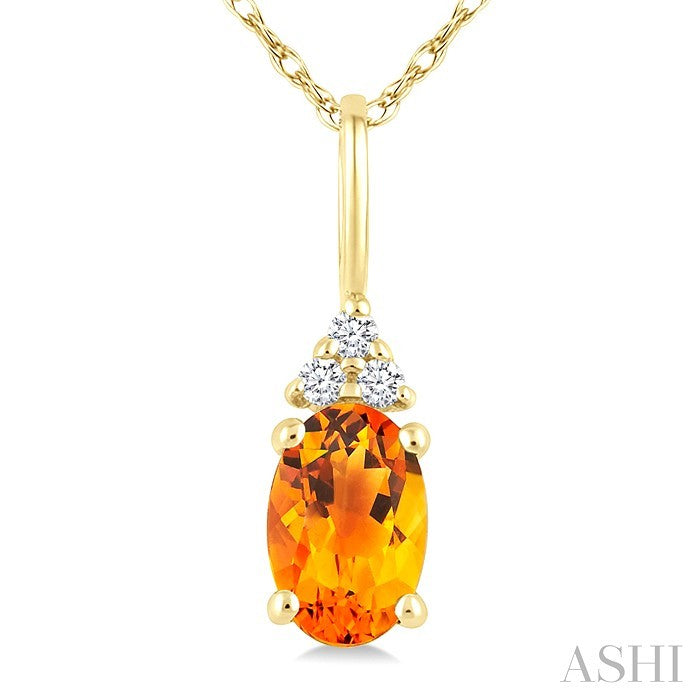 1/50 Ctw Oval Cut 6X4 MM Citrine and Round Cut Diamond semi-precious Pendant With Chain in 14K Yellow Gold