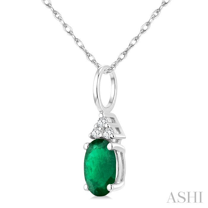 1/50 Ctw Oval Cut 6X4 MM Emerald and Round Cut Diamond Precious Pendant With Chain in 14K White Gold