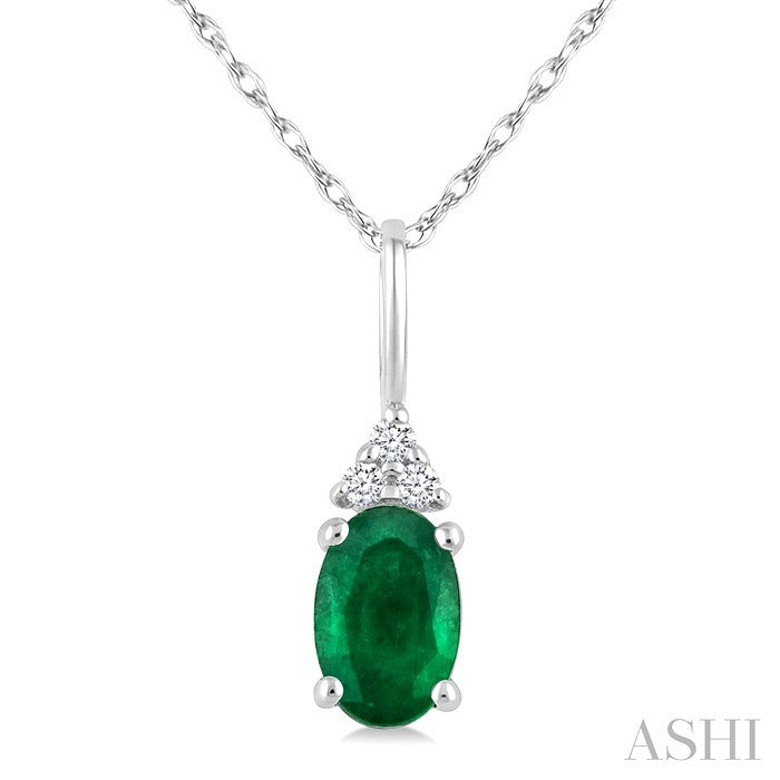 1/50 Ctw Oval Cut 6X4 MM Emerald and Round Cut Diamond Precious Pendant With Chain in 14K White Gold