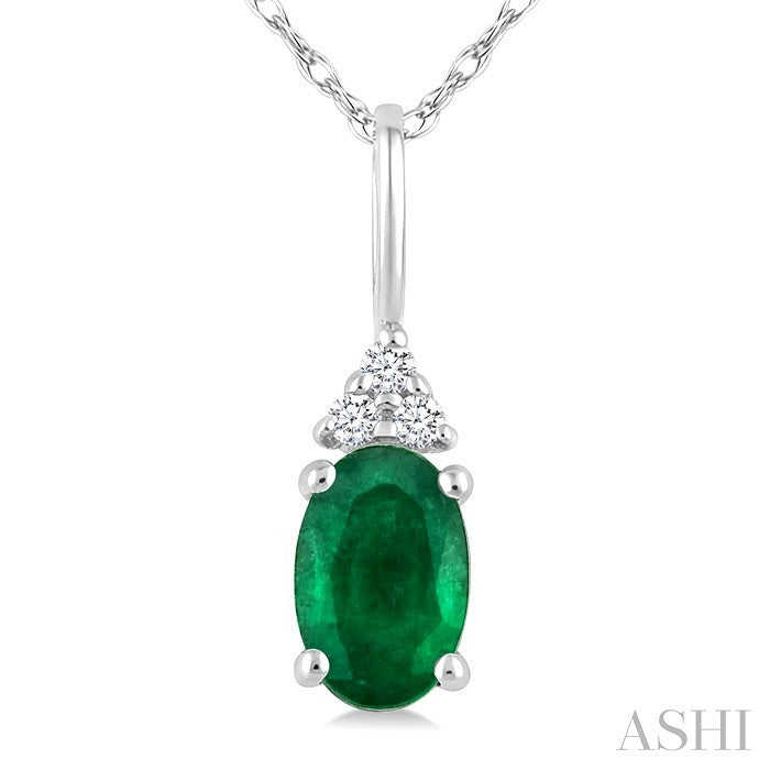1/50 Ctw Oval Cut 6X4 MM Emerald and Round Cut Diamond Precious Pendant With Chain in 14K White Gold