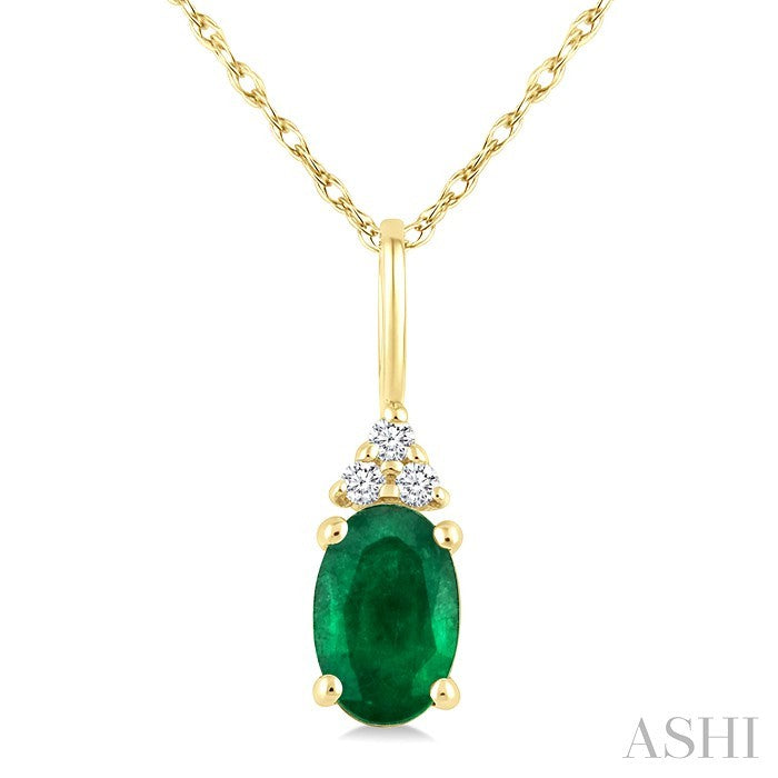1/50 Ctw Oval Cut 6X4 MM Emerald and Round Cut Diamond Precious Pendant With Chain in 14K Yellow Gold