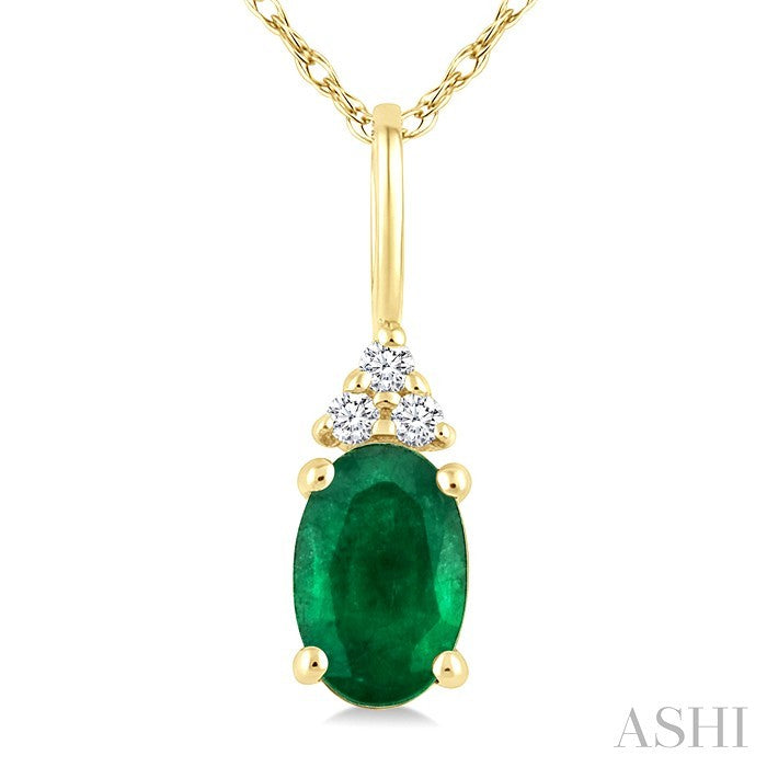 1/50 Ctw Oval Cut 6X4 MM Emerald and Round Cut Diamond Precious Pendant With Chain in 14K Yellow Gold
