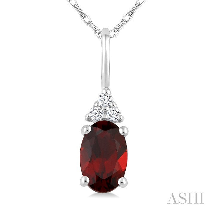 1/50 Ctw Oval Cut 6X4 MM Garnet and Round Cut Diamond Semi-Precious Pendant With Chain in 14K White Gold