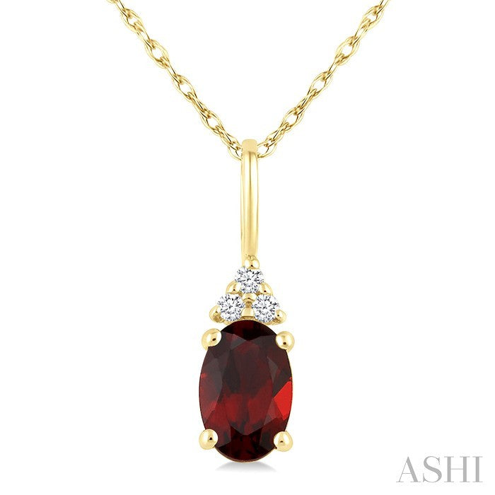 1/50 Ctw Oval Cut 6X4 MM Garnet and Round Cut Diamond Semi-Precious Pendant With Chain in 14K Yellow Gold