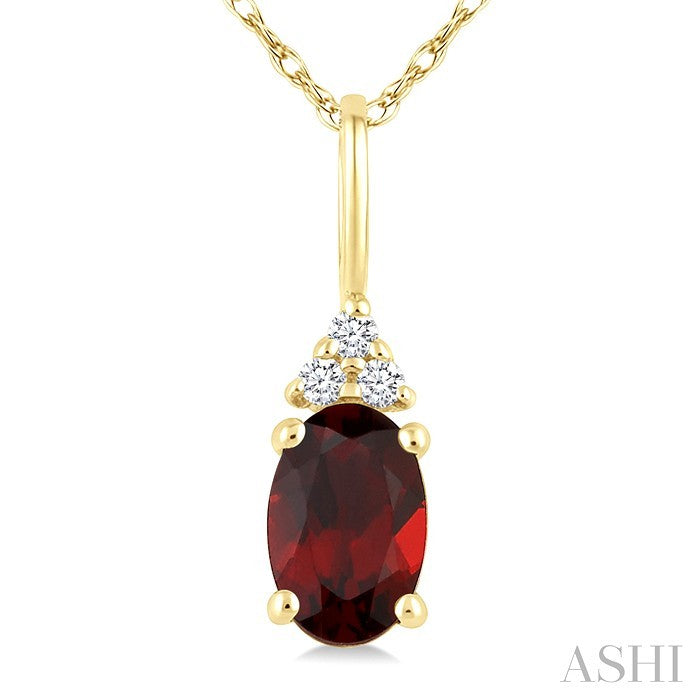 1/50 Ctw Oval Cut 6X4 MM Garnet and Round Cut Diamond Semi-Precious Pendant With Chain in 14K Yellow Gold