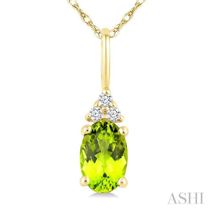 1/50 Ctw Oval Cut 6X4 MM Peridot and Round Cut Diamond Semi-Precious Pendant With Chain in 14K Yellow Gold