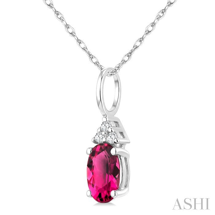 1/50 Ctw Oval Cut 6X4 MM Pink Tourmaline and Round Cut Diamond Semi-Precious Pendant With Chain in 14K White Gold