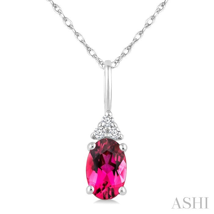 1/50 Ctw Oval Cut 6X4 MM Pink Tourmaline and Round Cut Diamond Semi-Precious Pendant With Chain in 14K White Gold
