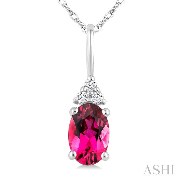 1/50 Ctw Oval Cut 6X4 MM Pink Tourmaline and Round Cut Diamond Semi-Precious Pendant With Chain in 14K White Gold