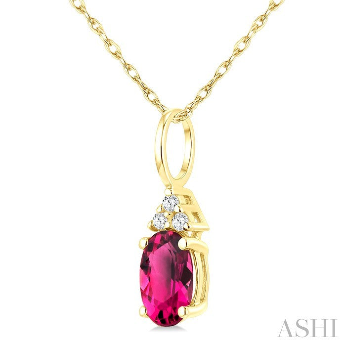 1/50 Ctw Oval Cut 6X4 MM Pink Tourmaline and Round Cut Diamond Semi-Precious Pendant With Chain in 14K Yellow Gold