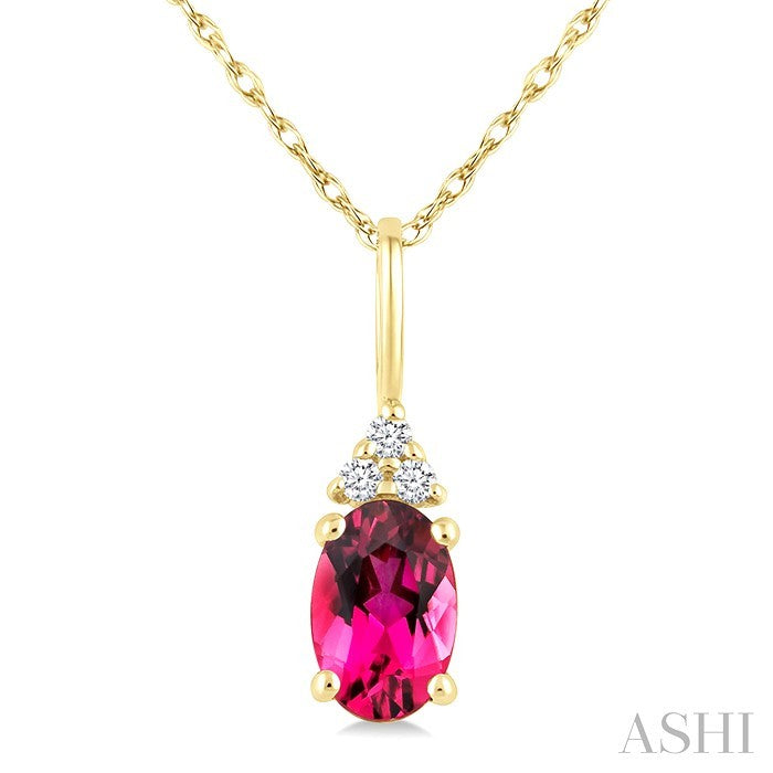 1/50 Ctw Oval Cut 6X4 MM Pink Tourmaline and Round Cut Diamond Semi-Precious Pendant With Chain in 14K Yellow Gold