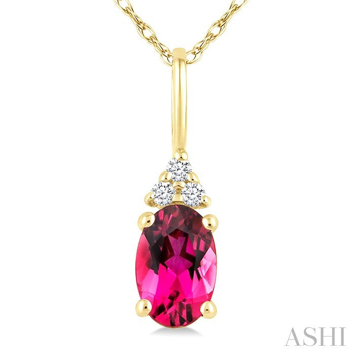 1/50 Ctw Oval Cut 6X4 MM Pink Tourmaline and Round Cut Diamond Semi-Precious Pendant With Chain in 14K Yellow Gold