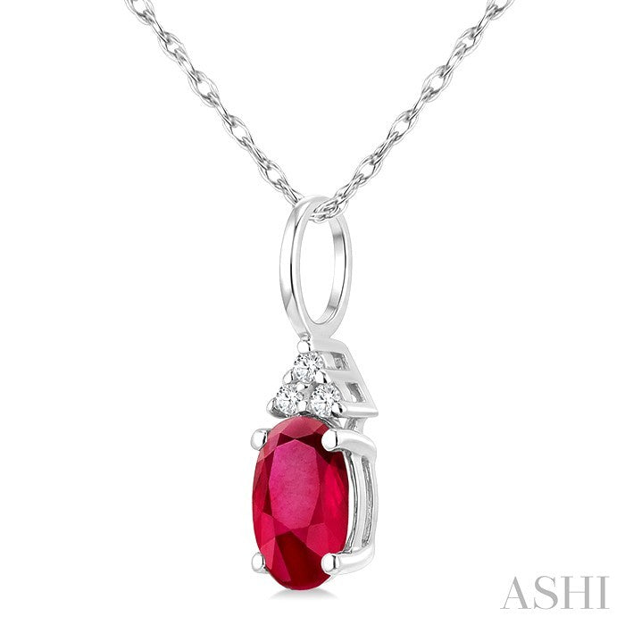 1/50 Ctw Oval Cut 6X4 MM Ruby and Round Cut Diamond Precious Pendant With Chain in 14K White Gold