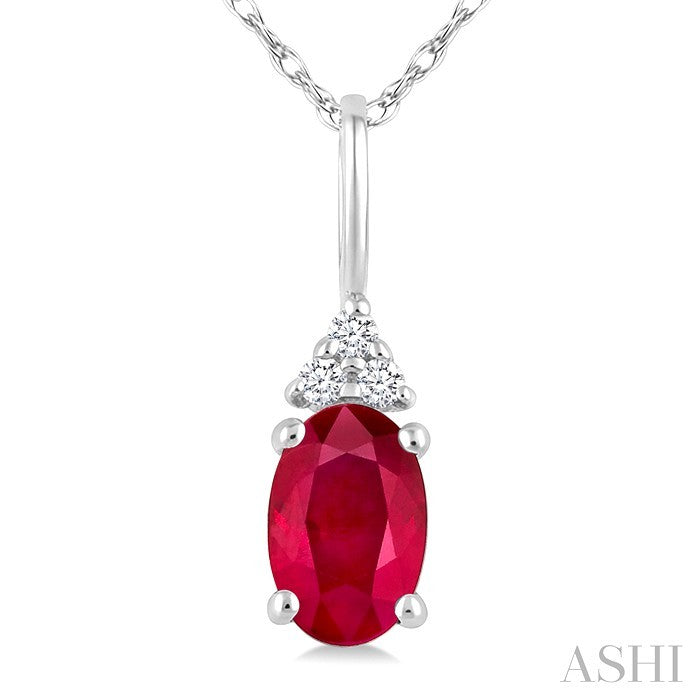 1/50 Ctw Oval Cut 6X4 MM Ruby and Round Cut Diamond Precious Pendant With Chain in 14K White Gold