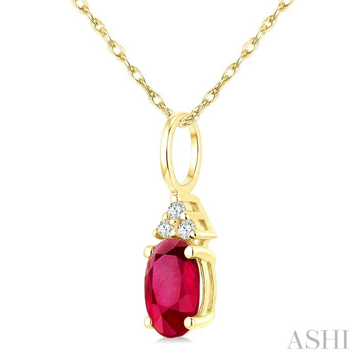 1/50 Ctw Oval Cut 6X4 MM Ruby and Round Cut Diamond Precious Pendant With Chain in 14K Yellow Gold