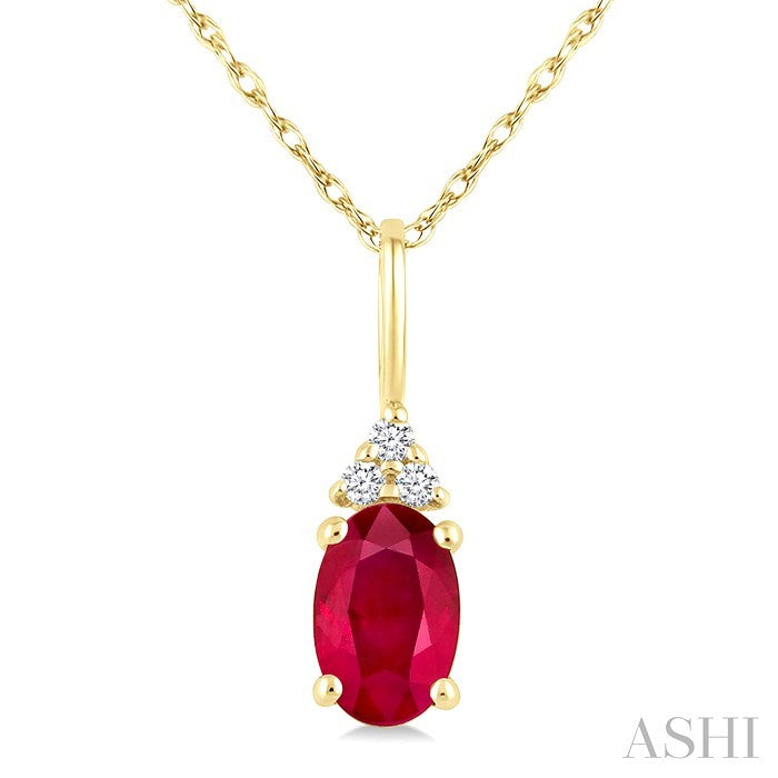 1/50 Ctw Oval Cut 6X4 MM Ruby and Round Cut Diamond Precious Pendant With Chain in 14K Yellow Gold