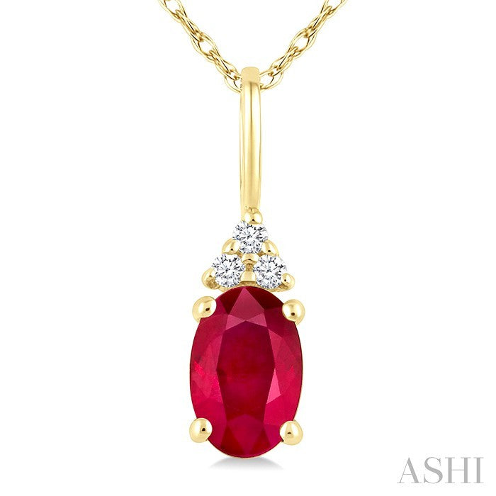 1/50 Ctw Oval Cut 6X4 MM Ruby and Round Cut Diamond Precious Pendant With Chain in 14K Yellow Gold