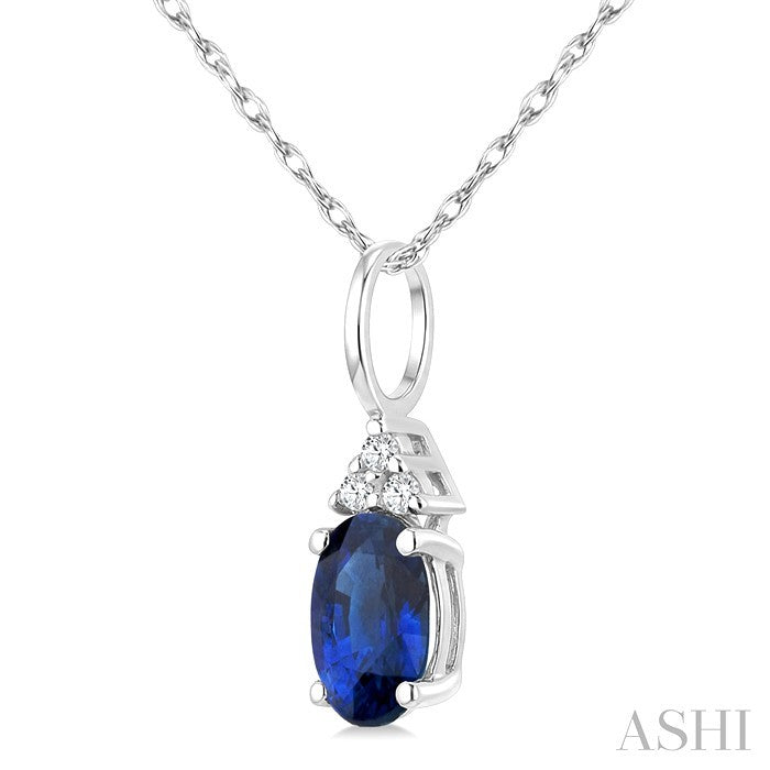 1/50 Ctw Oval Cut 6X4 MM Sapphire and Round Cut Diamond Precious Pendant With Chain in 14K White Gold
