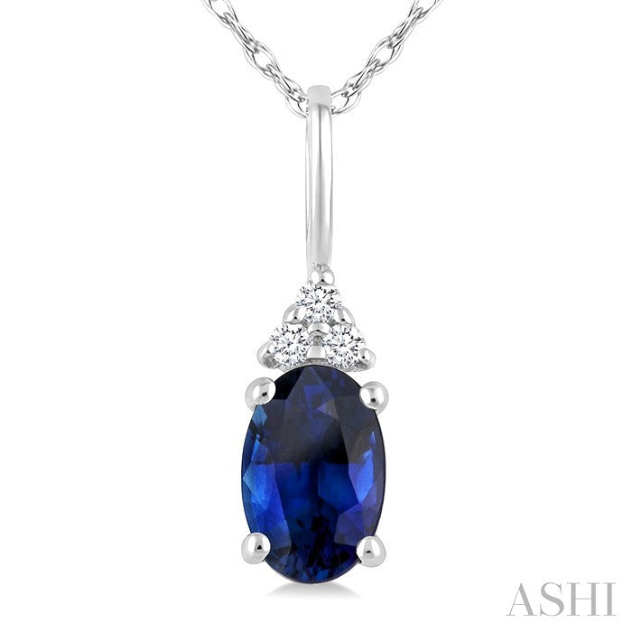 1/50 Ctw Oval Cut 6X4 MM Sapphire and Round Cut Diamond Precious Pendant With Chain in 14K White Gold
